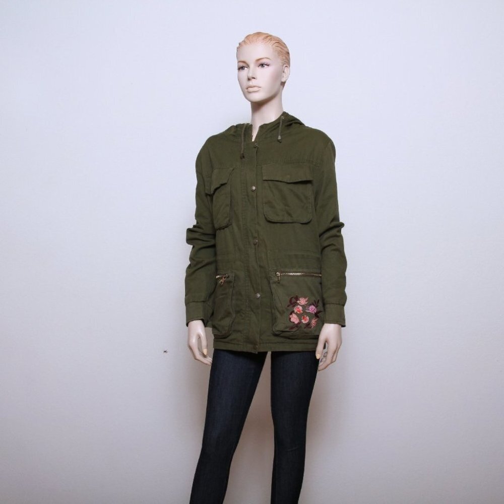 Beverly Hills Polo‎ Club Army Green Floral Utility Jacket Green Women 2X